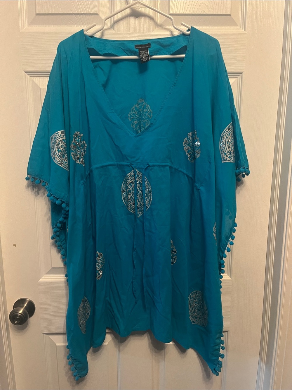Moda International Teal Pom-Pom Medallion Coverup